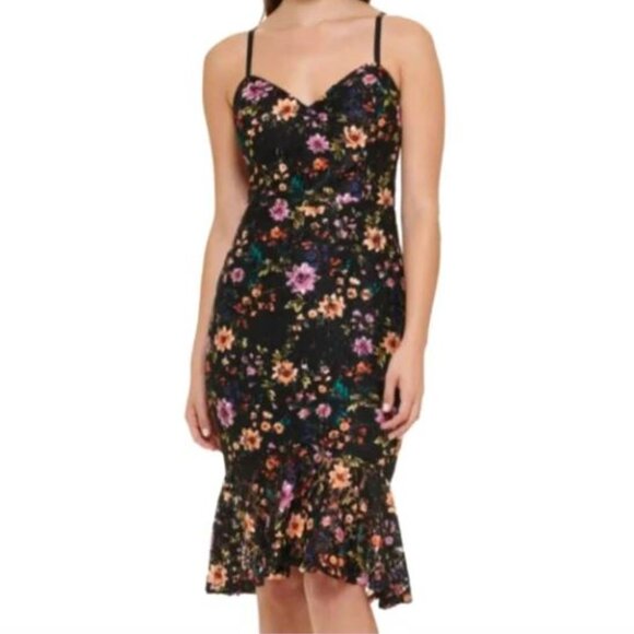 GUESS Black Floral Lace Trumpet Dress Size 10 - Picture 1 of 11